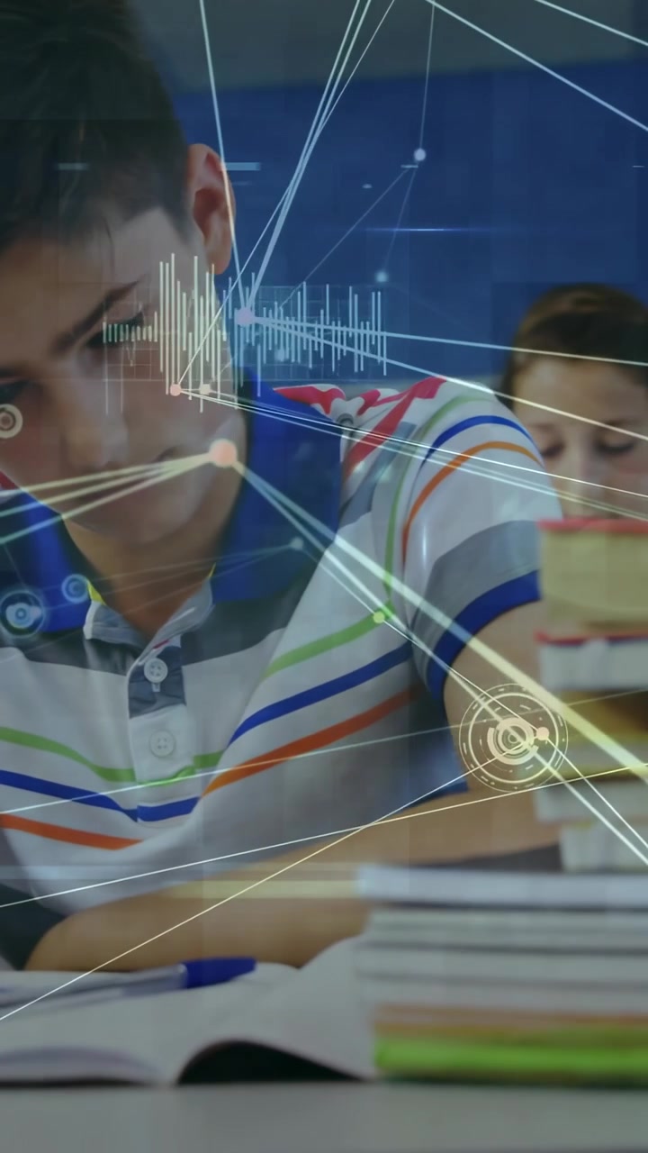 Vertical video: Student bringing pen, writing, studying while HUD animating, camera showing study