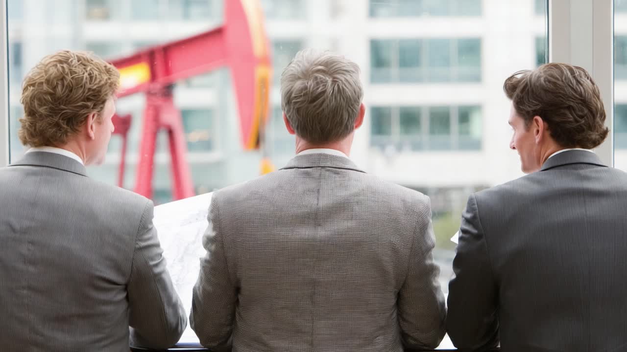 Business Professionals Observing Oil Industry Operations Through Office Window, Highlighting Corporate Interest in Energy Sector Dynamics and Market Trends