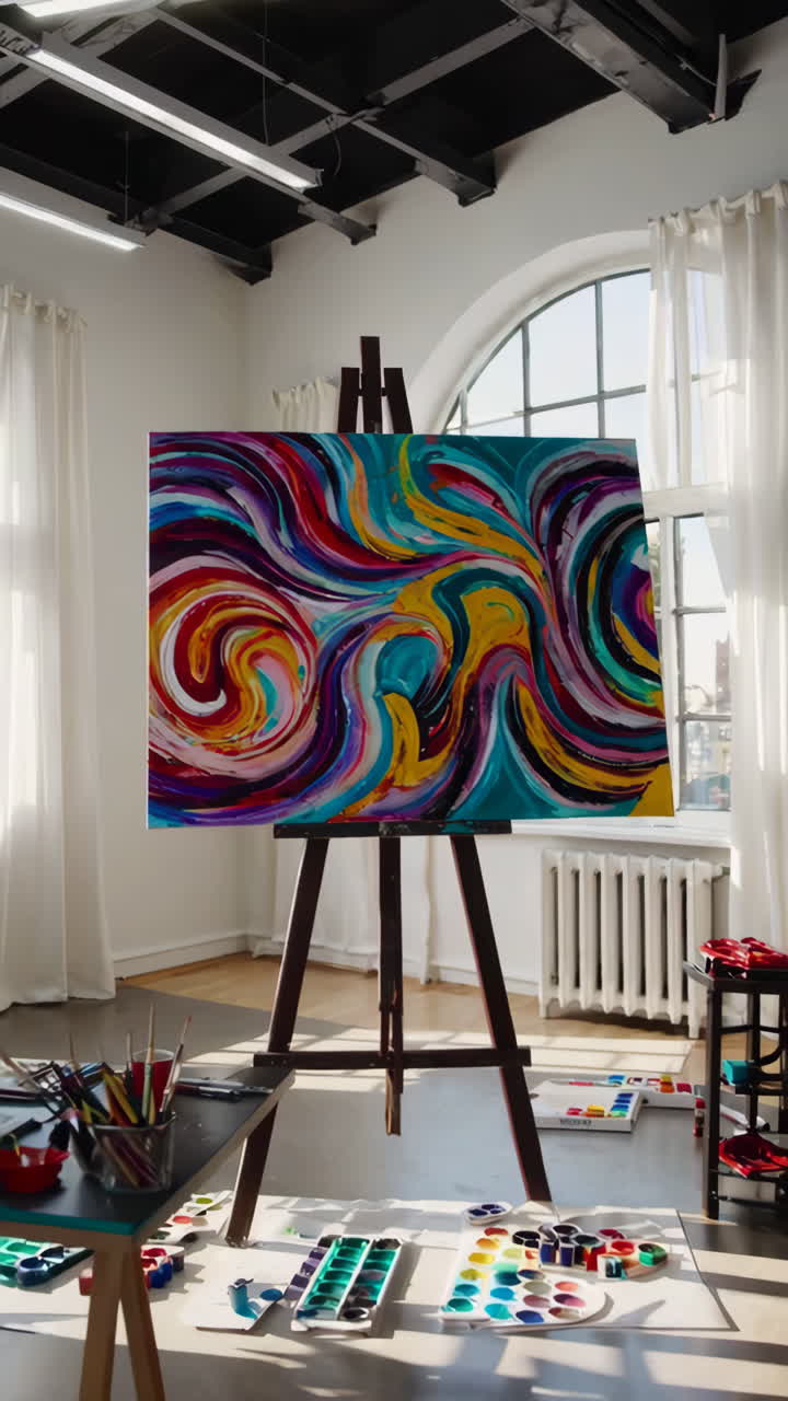 Artist in a vibrant studio creating abstract art.