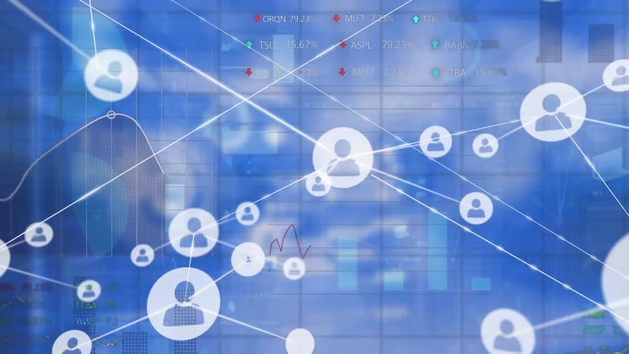 animación de la red de iconos de perfil y procesamiento de datos del mercado de valores contra un fondo azul.