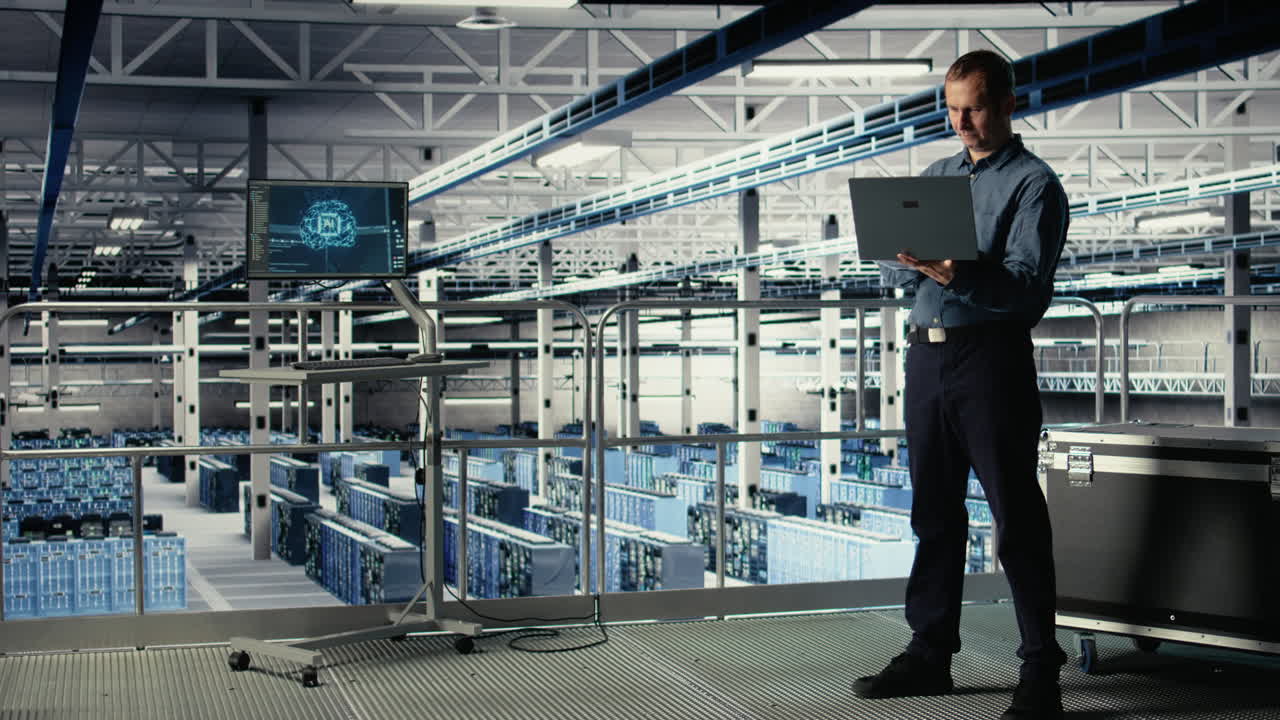 Data Center Admin On Industrial Platform Checks Ai Dashboard Using Laptop