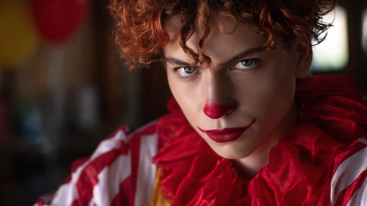 Primo piano di un clown con tratti distintivi, naso rosso acceso e trucco vivace, che cattura un'espressione intrigante in un'atmosfera colorata e giocosa
