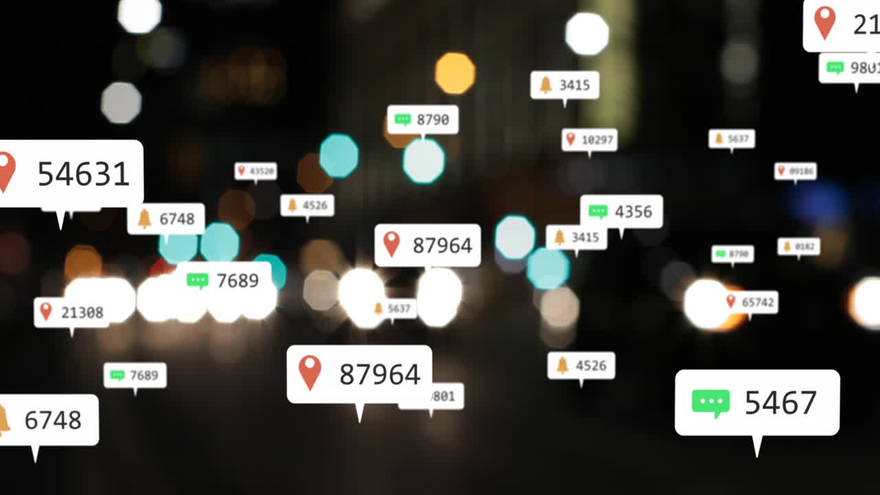 소셜 미디어 아이콘과 숫자의 애니메이션이 초점을 맞추지 않는 교통 신호등