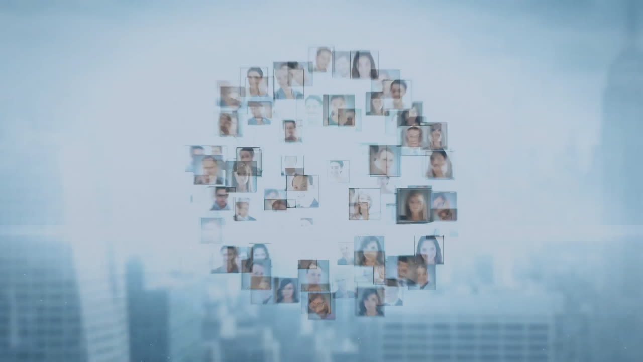 Connecting network animation over portraits of diverse business people