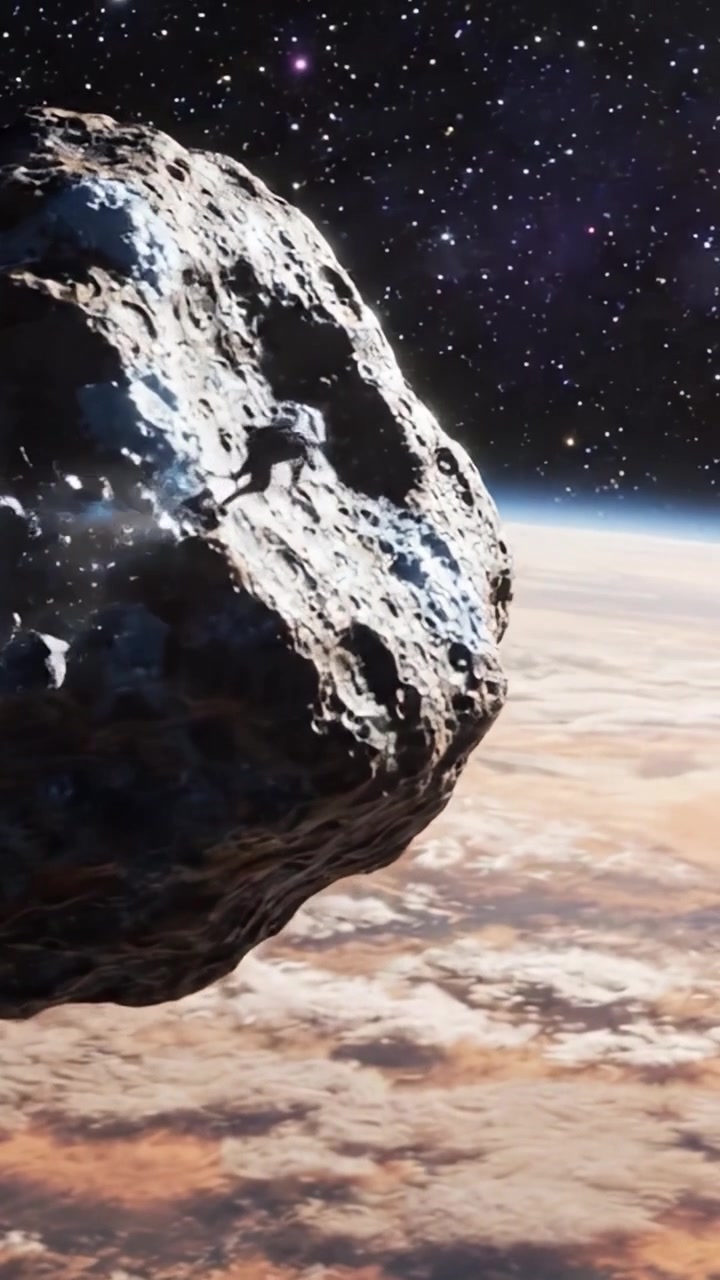 Una vista celeste sorprendente di un asteroide che aleggia sopra un'atmosfera planetaria colorata in mezzo a una galassia stellata.