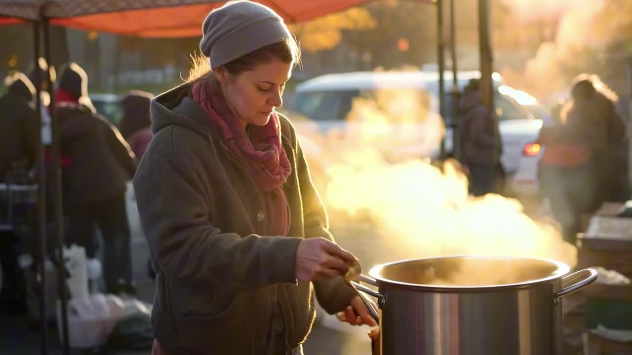 A candid street market scene captured in a video, featuring a woman cooking with steam rising, shot