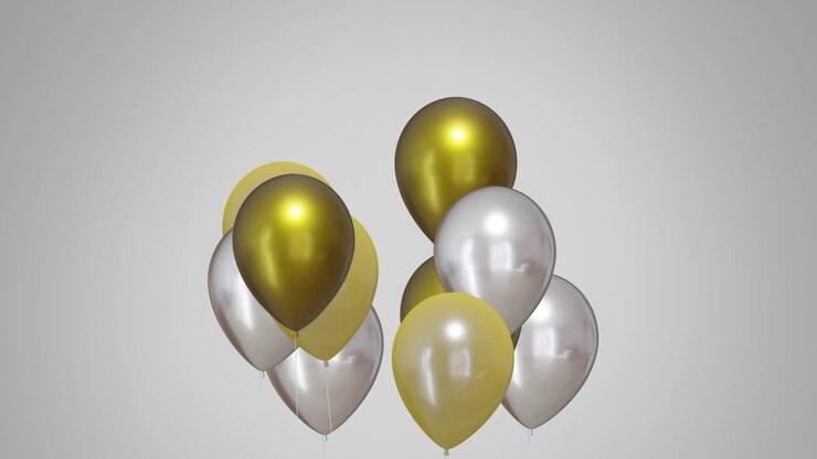 Animazione di palloncini dorati e argentati su sfondo bianco