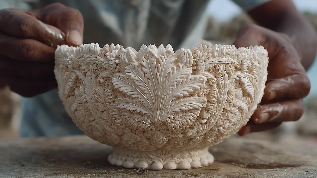 Intricate Craftsmanship: A Skilled Artisan Detailing an Ornate Bowl with Exquisite Floral Patterns and Textures for an Authentic and Unique Finish