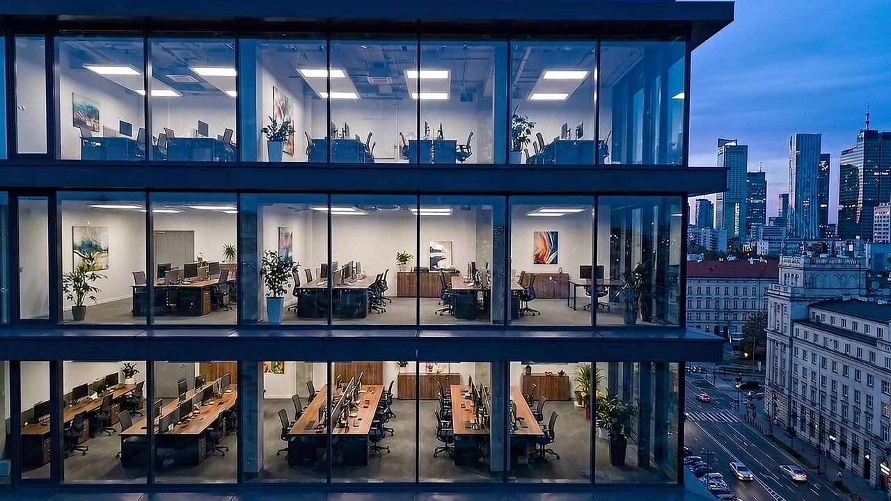 Luxury office tower exterior with modern glass architecture at sunset
