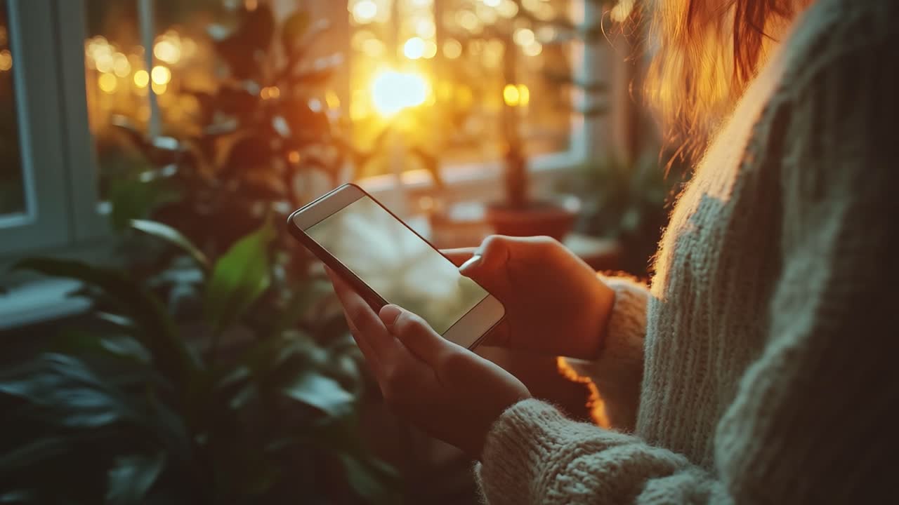 Persona che tiene un telefono davanti a una finestra al tramonto