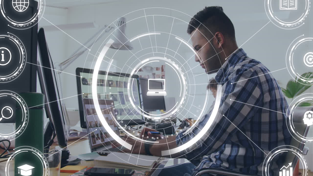 animación de la red de iconos sobre empresario asiático en la oficina