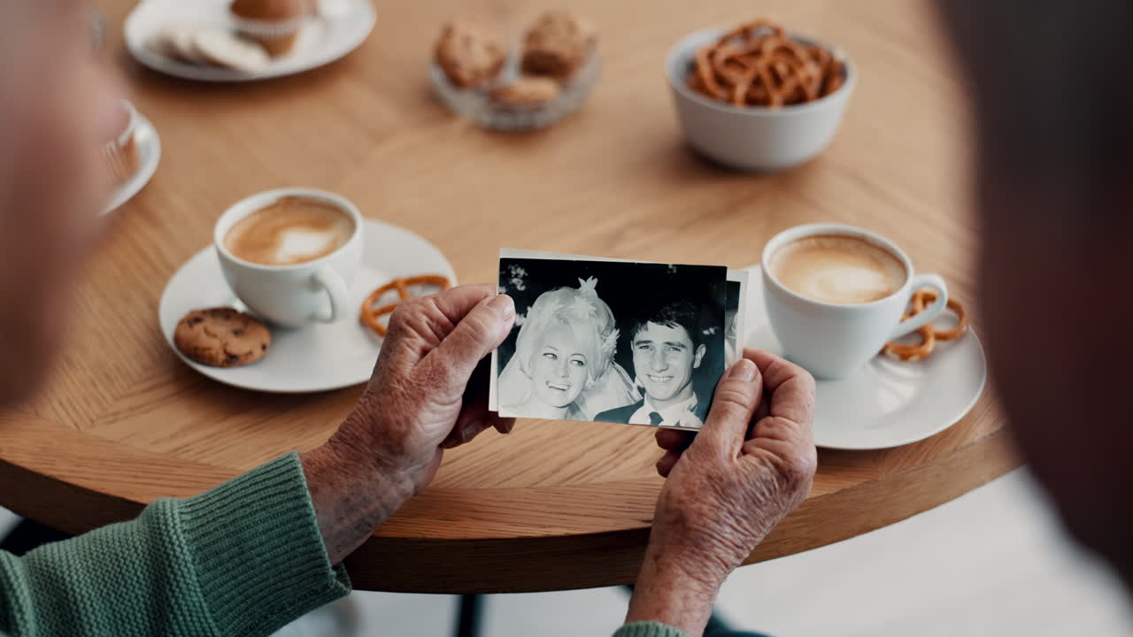 People, hands and photograph with memory at home