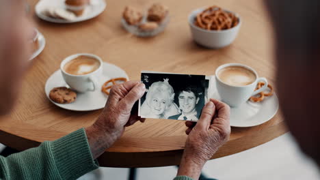 people, hands and photograph with memory at home