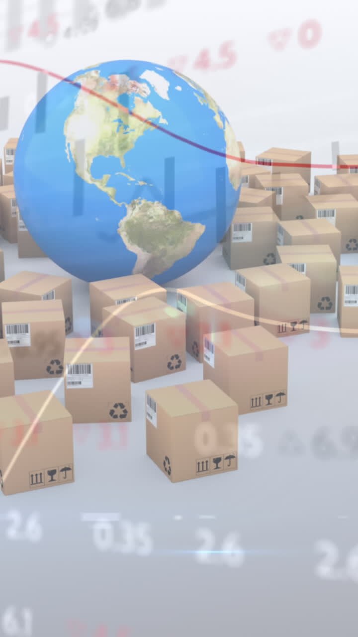 Animation of financial data processing over globe and cardboard boxes