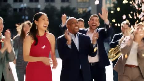 a celebratory gathering of joyful individuals engaging in lively applause amidst a vibrant outdoor setting with music and confetti