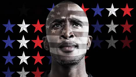 animation of red and blue stars and man with american flag on black background