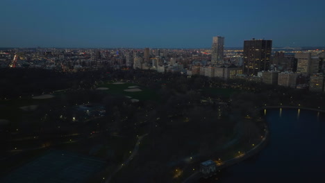 aerial view overlooking the central park north, gloomy evening in new york, usa