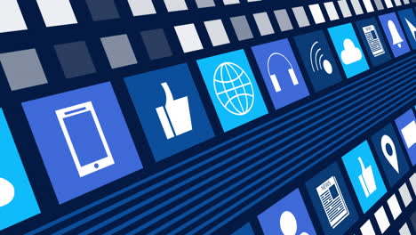 animación de iconos digitales en línea y rayas azules que se mueven sobre un fondo azul oscuro