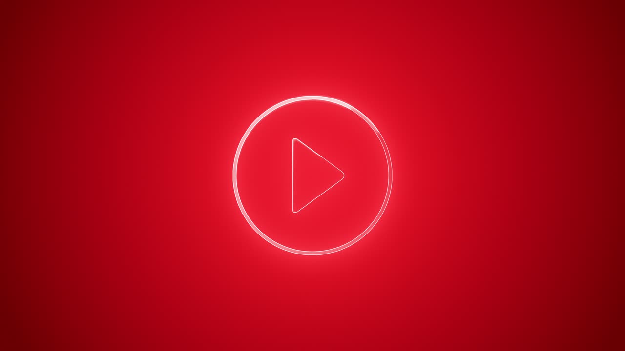 glowing animada línea de neón icono de botón de reproducción aislado en fondo rojo. redes sociales, internet, móvil, web, conceptos de tecnología. 4k, bucle sin costuras.