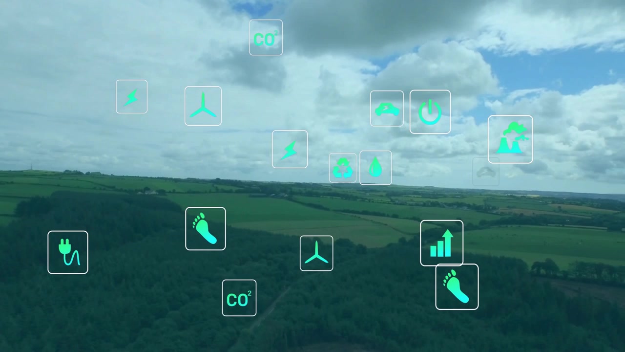 Drohnenaufnahme beginnt, Neon-Energie-Symbole steigen auf, gruppieren sich über Feldern und zeigen CO2- und Wasserwerte.