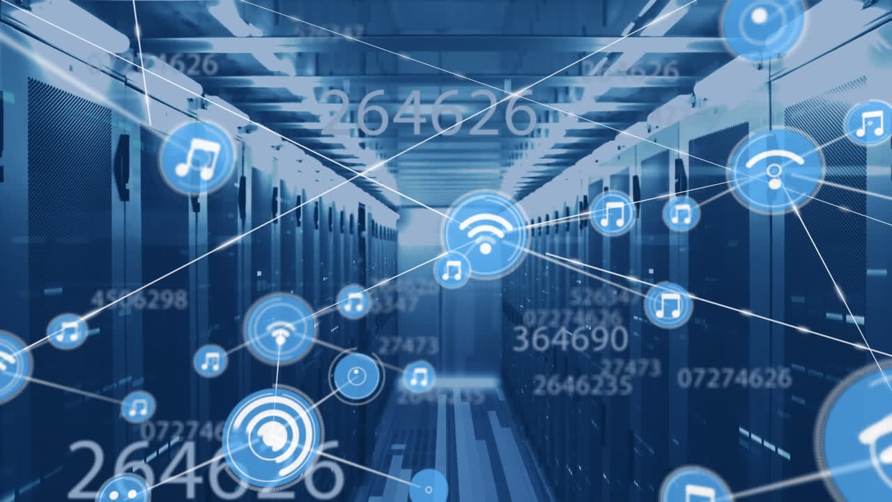 animación de la red de conexiones con iconos sobre servidores informáticos y procesamiento de datos