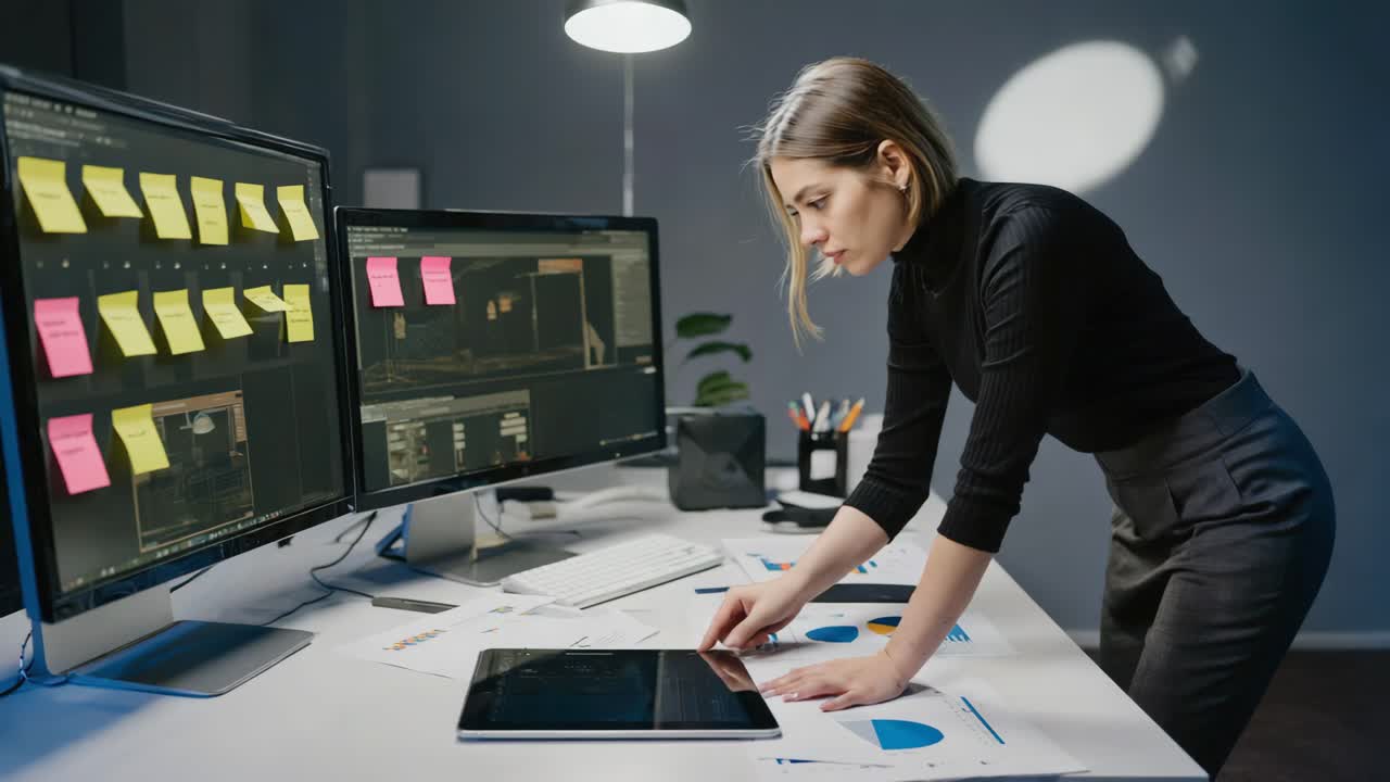 Woman Working on Data Analysis at Modern Office Desk