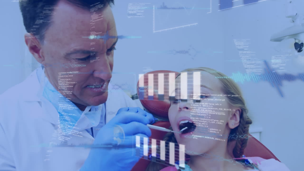 animación del procesamiento de datos sobre la niña en la silla del dentista