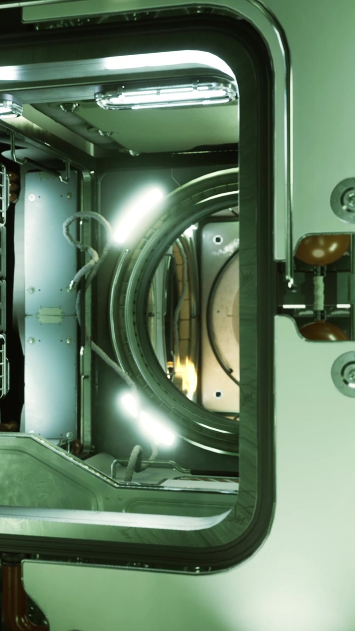 Engine room door opens to reveal machinery and lights in a space station