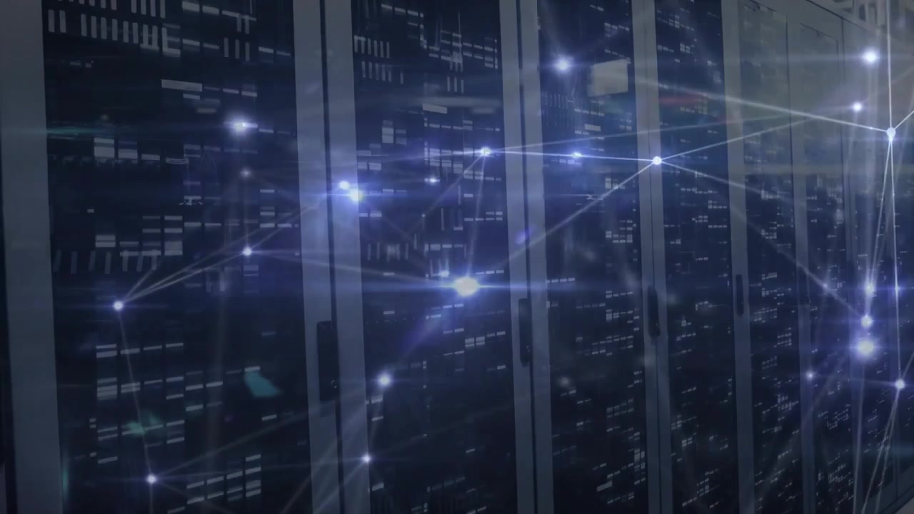 Server cabinets receiving luminous points and forming mesh network, pulsing data flow visualization