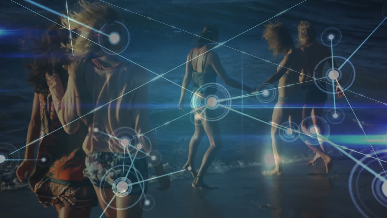 Animation of networks of connections over happy group of friends having fun, walking along beach