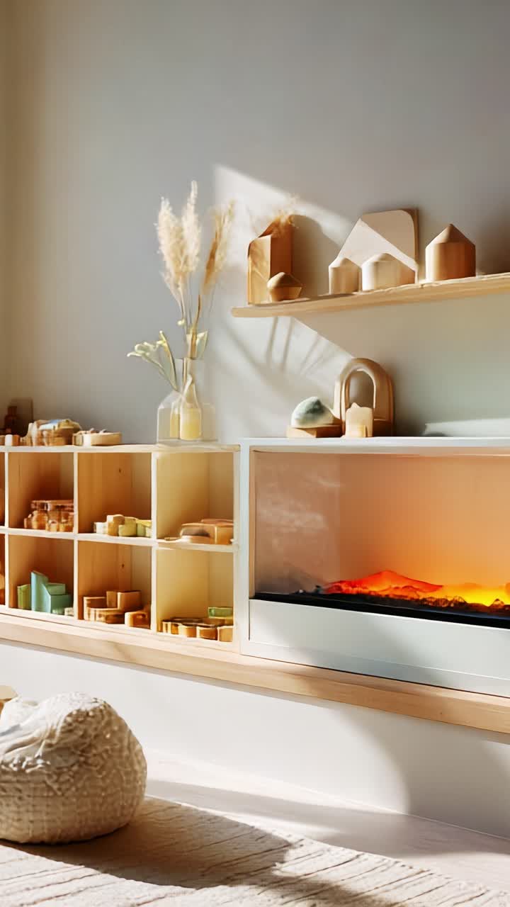 Scena di un soggiorno caldo e accogliente con arredamento moderno, scaffalature eleganti con oggetti geometrici e un accogliente camino che crea un'atmosfera tranquilla