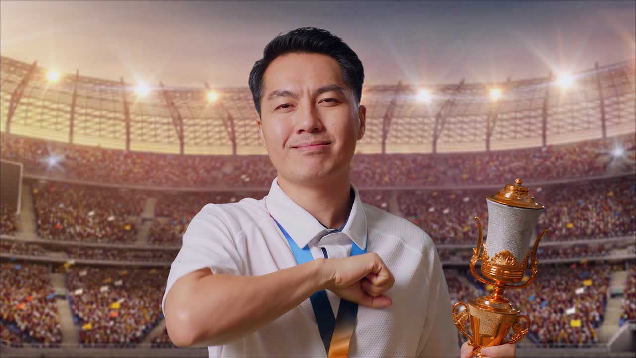 경기장에서 승리를 축하하는 남자