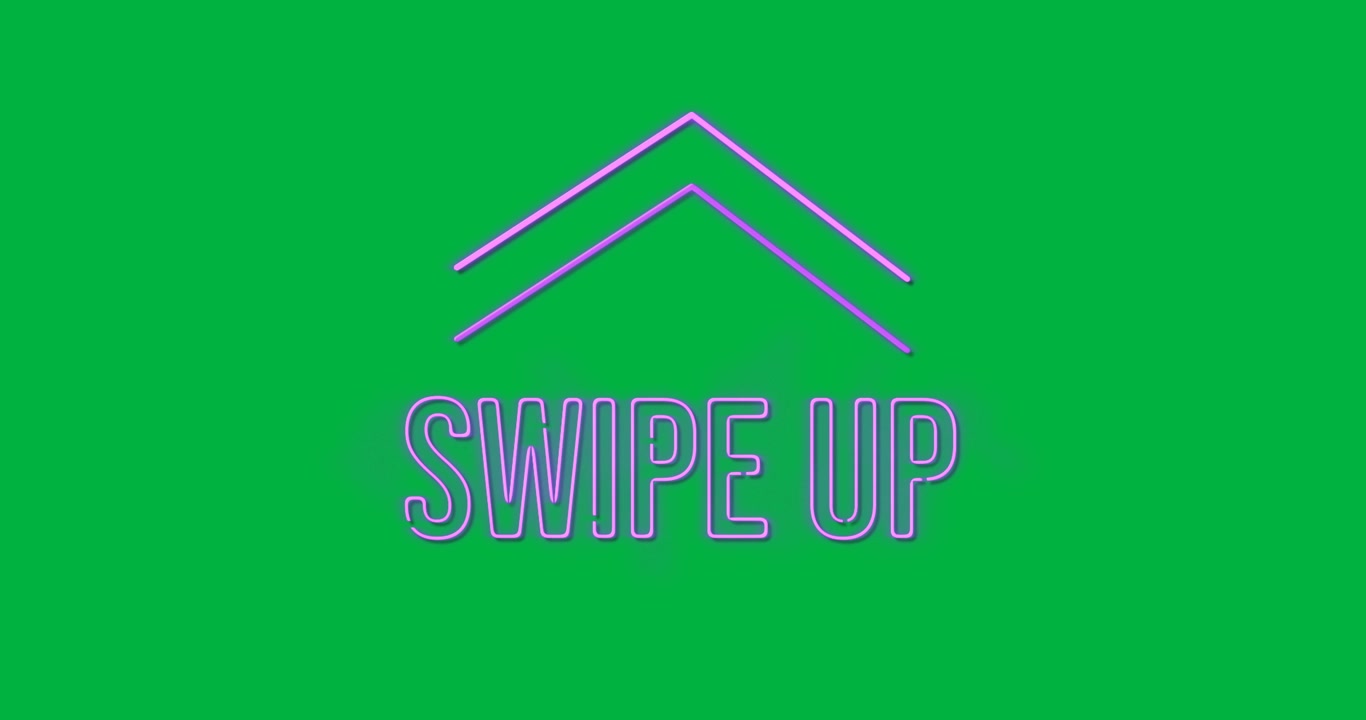 CTA al neon in loop, frecce luminose, blob che cresce dietro la scritta SWIPE UP per annunci su sfondo trasparente.
