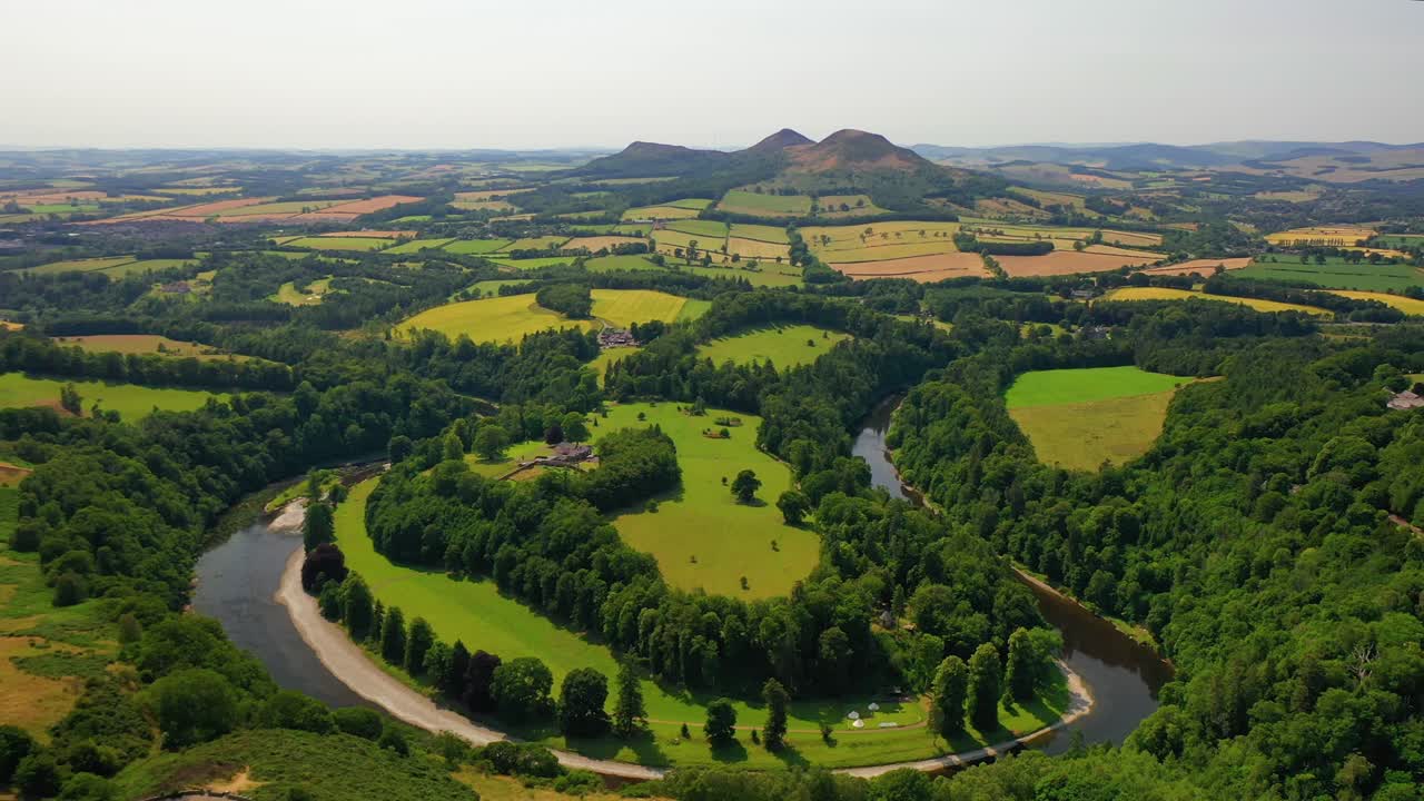 Aerial Angle Over Scott's Viewpoint Over The River Tweed Near Melrose, Scottish Borders, Scotland Countryside