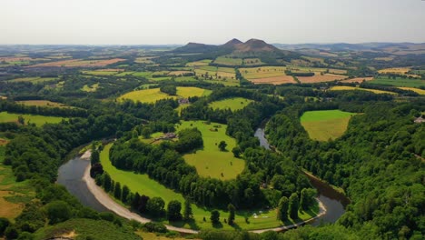 aerial angle over scott's viewpoint over the river tweed near melrose, scottish borders, scotland countryside