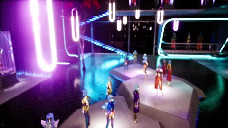 animación 3d de muñecas de moda de pie con ropa moderna en una sala de moda