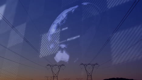 high-voltage towers framing twilight skyline, displaying digital globe overlay with mesh grid lines
