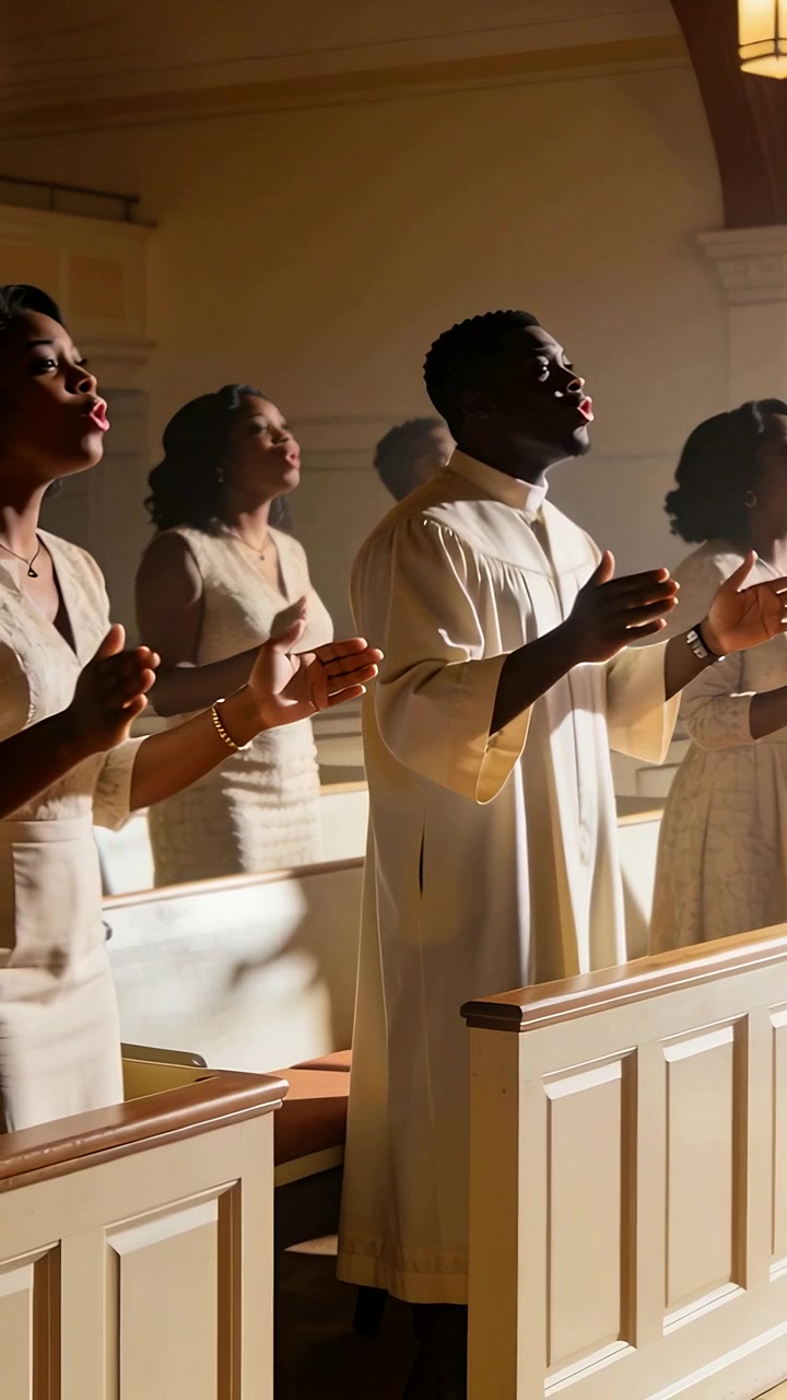 Vertical video: Male singer in robe leading choir for praise at church pews after cue