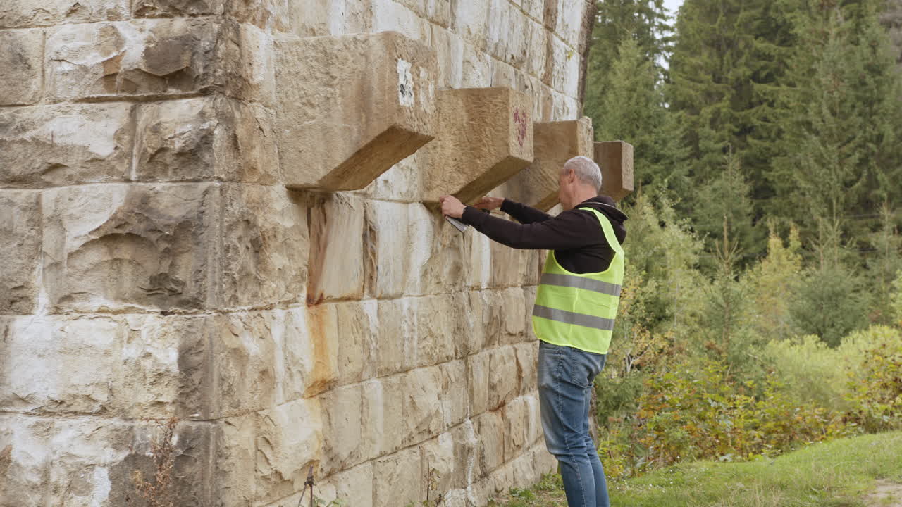 trabajador inspeccionando el muro de piedra