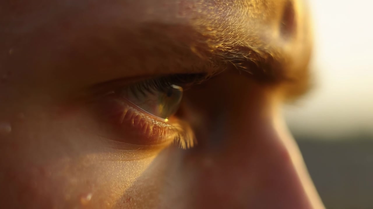 A human eye with golden-brown skin and light green background is captured in a contemplative look, taken in an indoor setting with a neutral expression. The close-up shot highlights the eye.