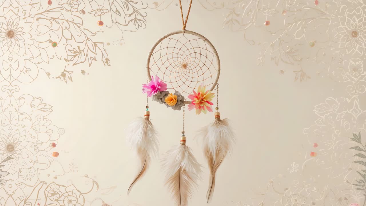 Swaying dreamcatcher in bedroom by breeze, with artificial flowers and white and tan feathers