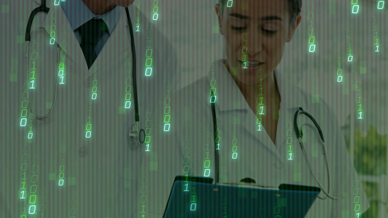 Female doctor holding tablet and male doctor standing, integrating binary code overlay for health