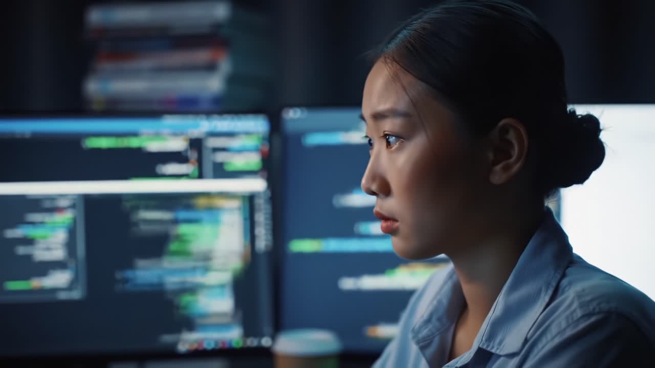 A Focused Software Developer Analyzes Complex Code in a Dimly Lit Workspace, Surrounded by High-Tech Monitors Displaying Lines of Programming Language