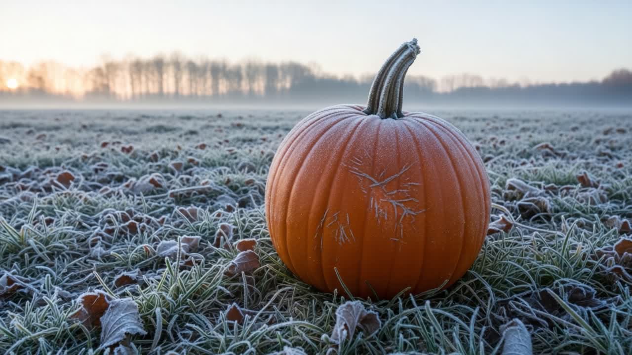 A Beautiful Frost-Covered Pumpkin in the Early Morning Light, Surrounded by Misty Fields and Foliage on a Chilly Autumn Day