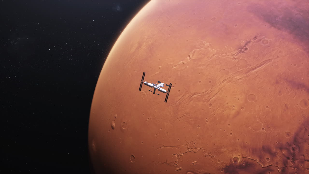 Planet Mars dengan satelit yang menjelajah di orbit Mars.