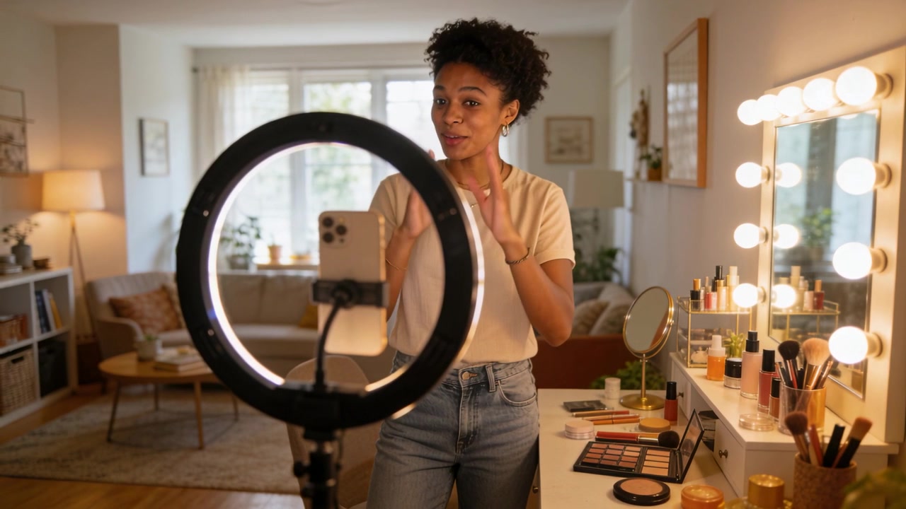 Filming beauty vlogger showing makeup at home vanity with ring light after phone recording starts