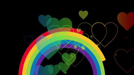 animación de corazones de arco iris sobre arco iris en fondo negro.