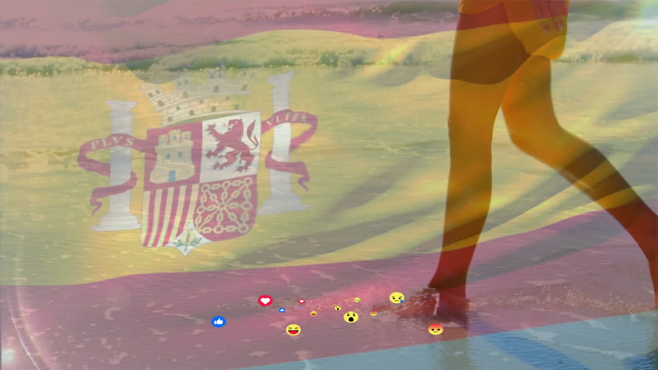 Walking on beach, person with Spanish flag animation and colorful dots overlay