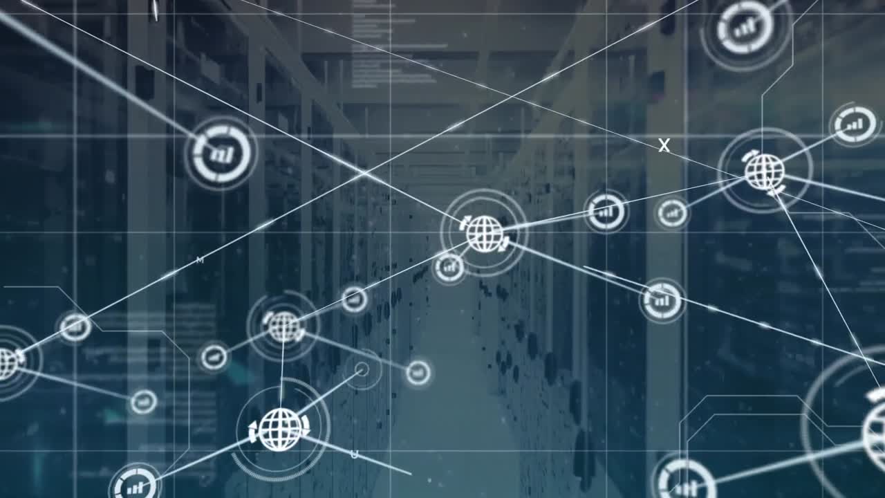 Animation of network of digital icons and interface with data processing against server room