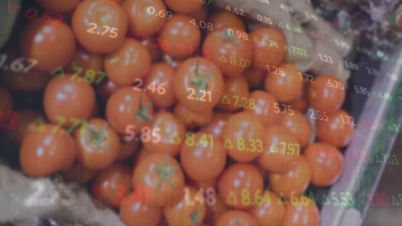 Animation of changing numbers moving over fresh tomatoes for sale in supermarket